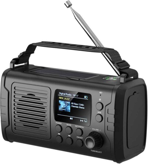 1852 Nødradio DAB+/FM Bluetooth med sveiv og solcellepanel
